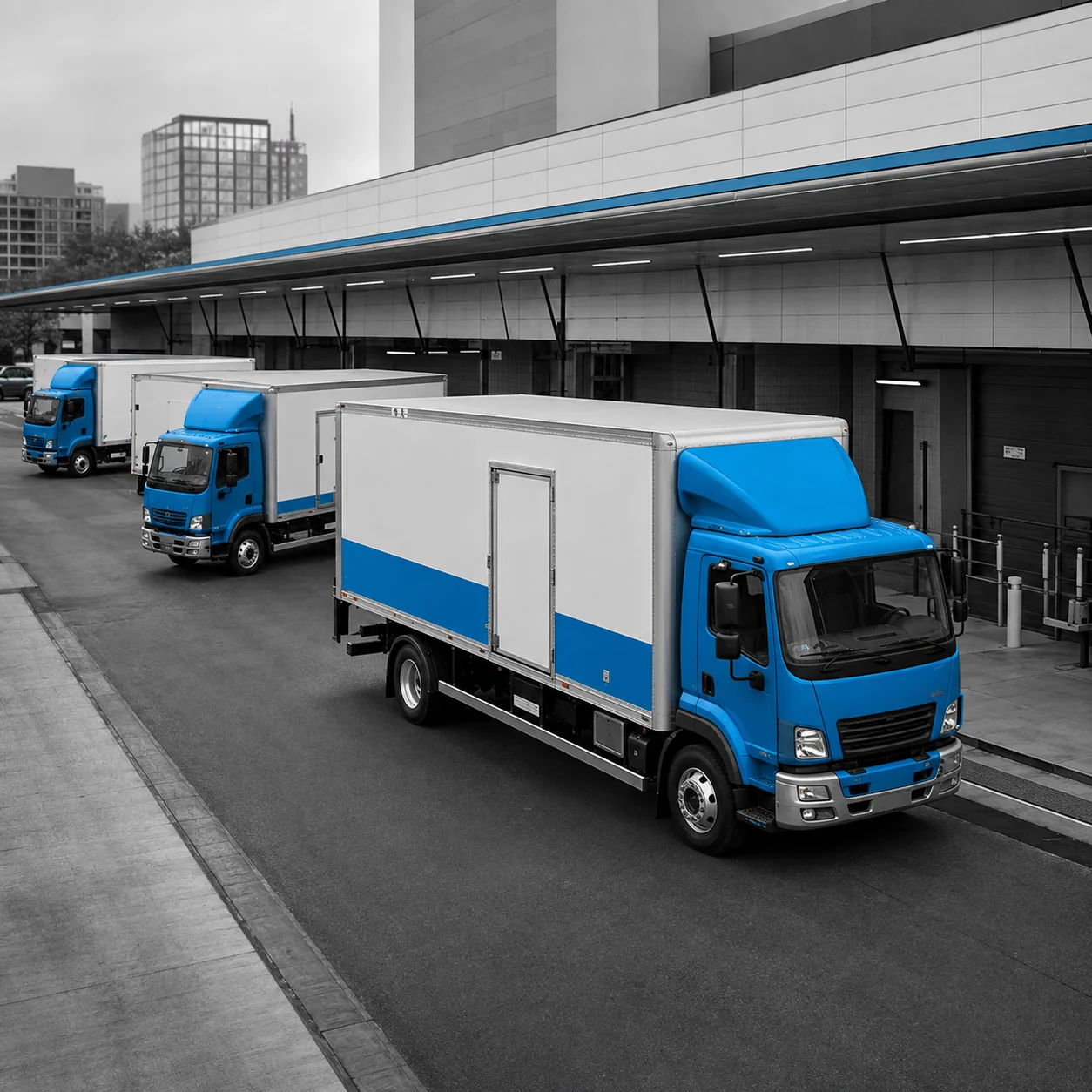 Illustration of medical-service trucks outside a healthcare facility